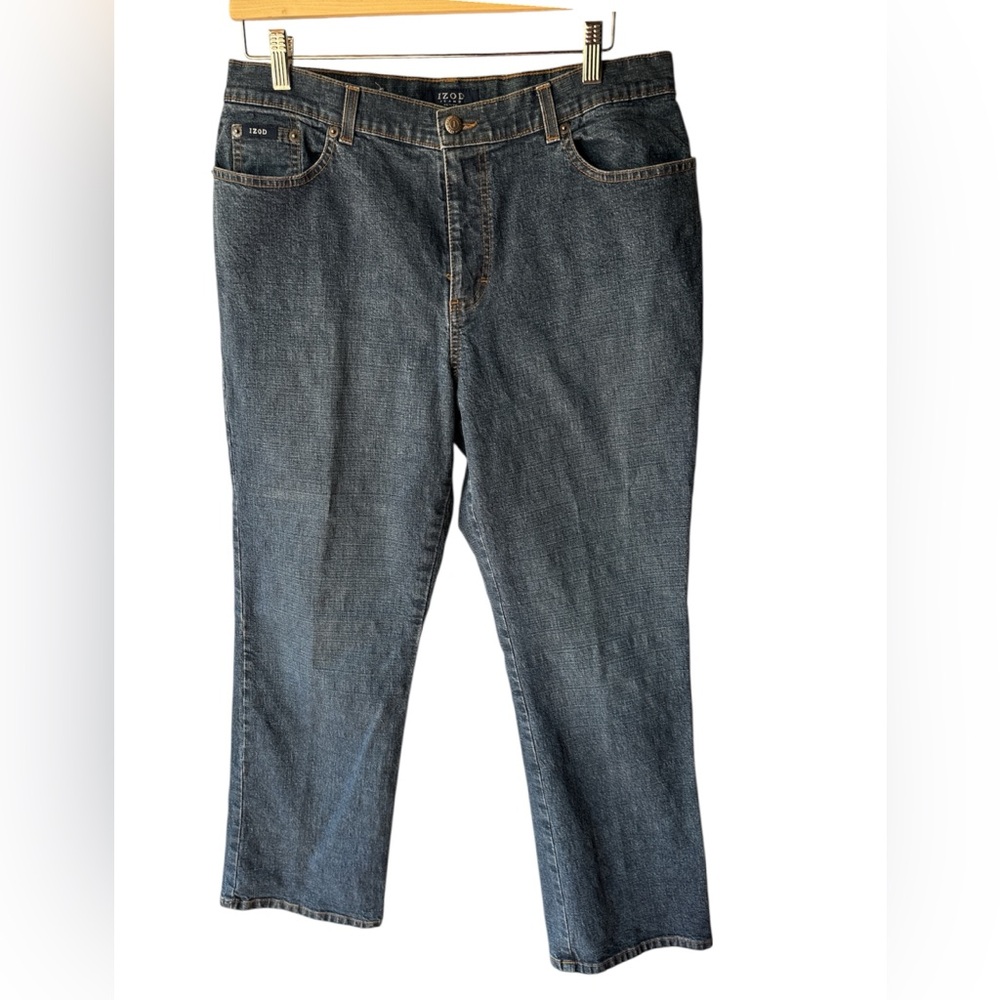 IZOD Women's Classic Straight Leg Stretch Blue Denim Jeans Size 14 Petite